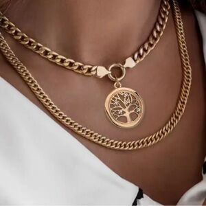 Vintage style double collar, tree of life, gold-colored stainless steel.